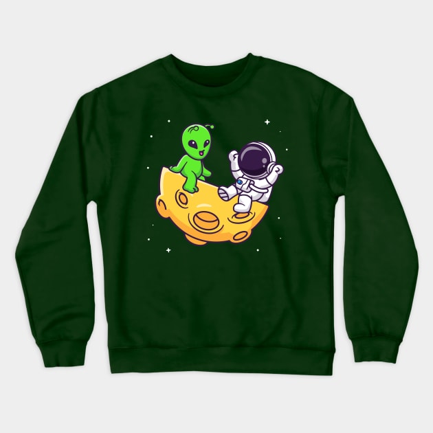 Cute Astronaut Playing With Alien On Moon Cartoon Crewneck Sweatshirt by Catalyst Labs